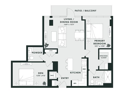 Floor plan for 1 bed, 1.5 baths, 932 sqft